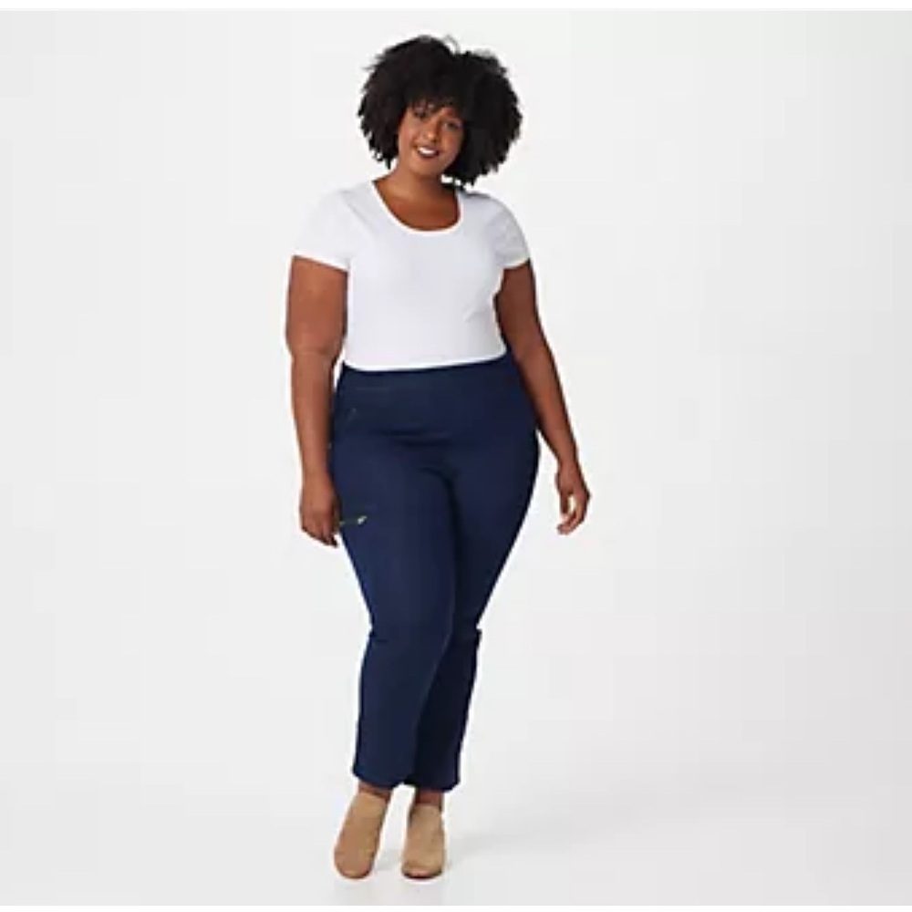 Denim & Co 2X Plus High Waist Adaptive Knit Jeans Dark Wash Straight Leg